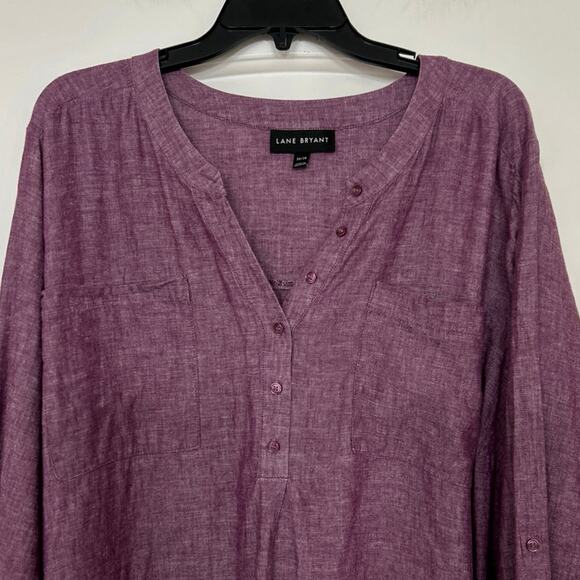 Lane Bryant Purple Linen Cotton Blend V Neck Split Hem Pop Over Tunic Top 26/28 - Picture 4 of 12